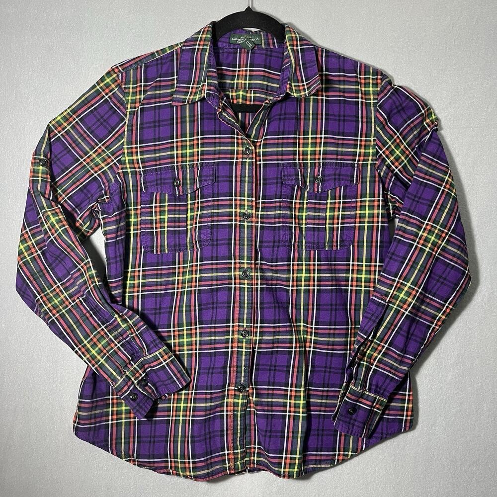 LRL‎ Lauren Jeans Co. Ralph Lauren SZ L Purple Plaid Cotton Shirt Button-Up